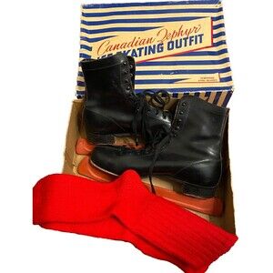 Vintage Men's 11 Canadian Zephyr Black Leather Figure Ice Skates Union USA Made